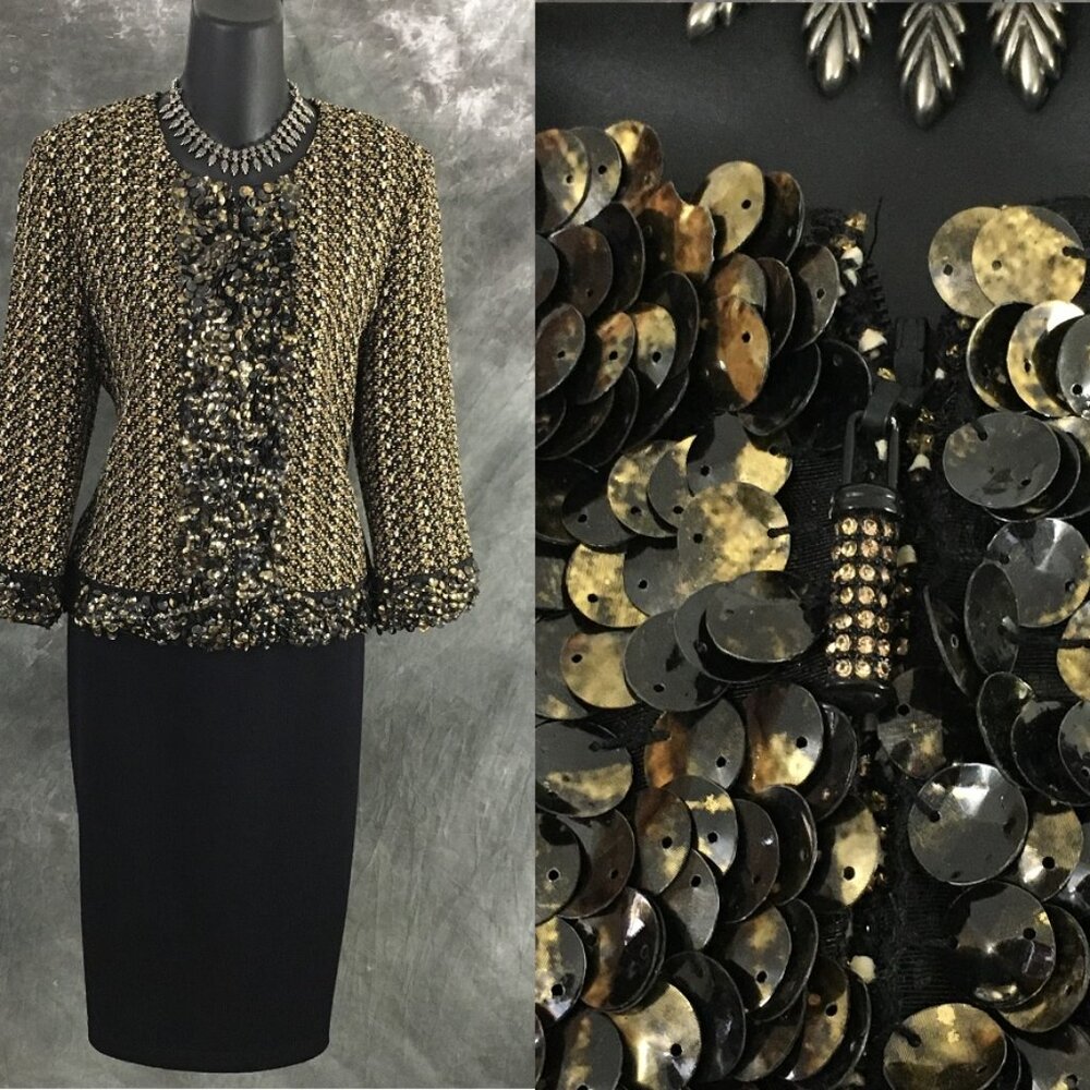 BEAUTIFUL St John couture knit black gold embellished skirt suit 8 10